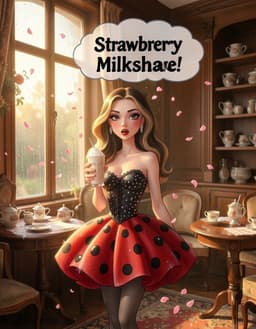 ladybug‑fa stands in a refined victorian tea room bathed in golden‑hour warm glow, gentle drizzle visible through the window and pink petals drifting lazily. she gazes wistfully at the viewer with a slightly open mouth, a translucent cartoon thought cloud hovering above her head containing the words “Strawberry Milkshake!”. in her hand she cradles a frothy milkshake, the glass catching the soft light, adding a playful note to the romantic, nostalgic atmosphere, captured in a wide, eye‑level view.