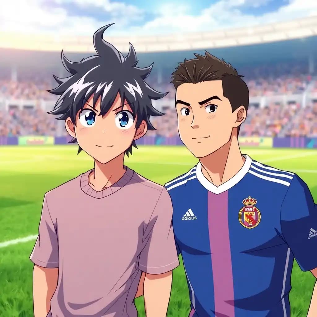 Isagi Yoichi from the anime blue Lock with cristiano ronaldo next to him on a football pitch