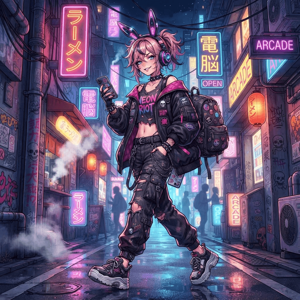 urban punk anime girl with bunny-ear headphones and an oversized bomber jacket, neon alley at night, glossy cel-shaded game art, vibrant, crisp high detail
