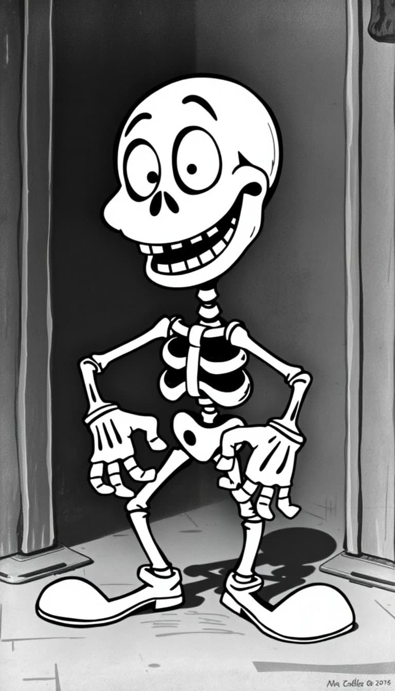 1930s Fleischer-style rubber hose cartoon character, anthropomorphic skeleton , expressive pie-cut eyes, giant vintage cartoon smile, bendy rubber hose arms and legs, white gloves, oversized shoes, cheerful spooky personality, authentic early 1930s cel animation aesthetic, old-fashioned haunted radio character, black and white vintage film frame, hand-painted background, surreal Fleischer atmosphere, thick ink outlines, subtle animation wobble, film grain, cel dust, monochrome ink shading, vintage cartoon proportions, highly authentic rubber hose animation style