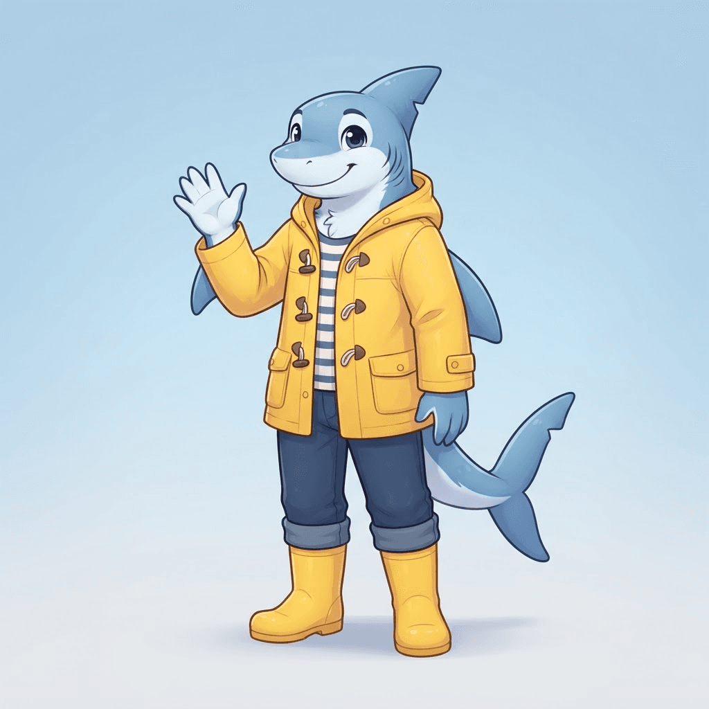 anthro great white shark fursona character, soft blue and white, wearing a yellow raincoat and boots, cheerful wave, full body, cute cartoon furry art style, clean soft gradient studio background, vibrant, crisp high detail, digital illustration