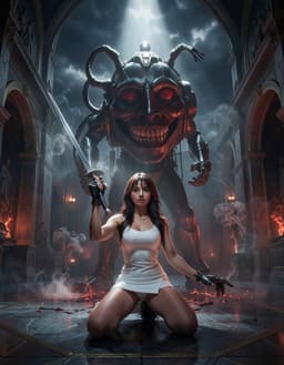 cyber‑punk samurai woman in a white mini‑dress kneeling in an opulent royal chamber, robomonster looming behind her with metallic shoulders, mythic foreboding mood, dark elemental palette of iron blues, volcanic reds, storm grays, monumental shadows under storm‑heavy sky, shafts of light piercing the gloom, charged atmosphere of prophecy, wide shot from a high angle, woman poised with blade raised, robomonster towering, incense smoke curling, gilded arches faintly visible