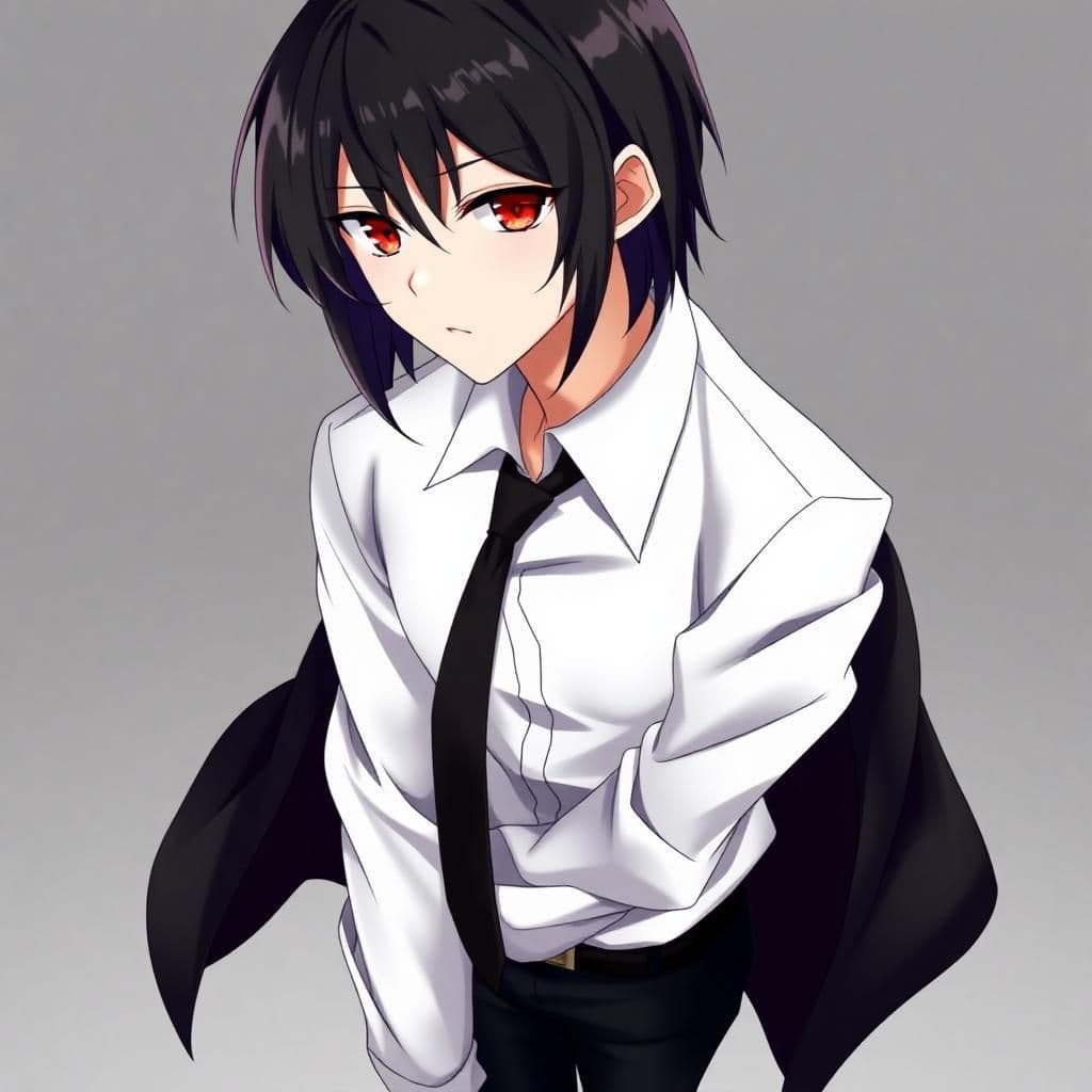 

a guy with medium length black hair that reaches his neck and Crimson Red eyes and is wearing a long-sleeved white shirt, a tie, a black coat, and black pants and black shoes in anime style
