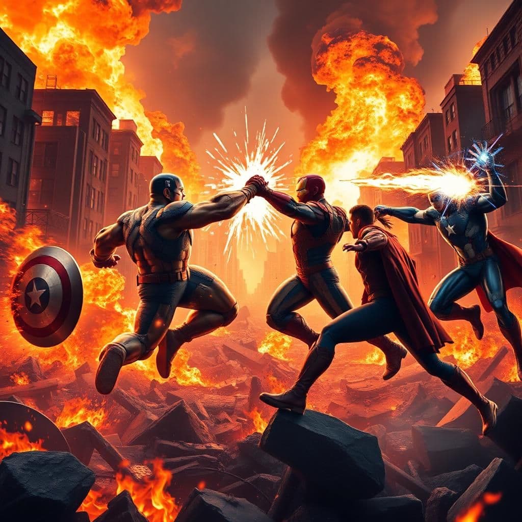 a blazing, fiery battle scene between the fantastic four and the avengers in a ravaged, smoldering cityscape, ablaze with intense flames and explosive energy blasts. captain america playfully clashes with the thing, their fists crashing with a loud, fiery thud, sparks flying everywhere. mister fantastic playfully dodges iron man's intense repulsor blasts, stretching his body in a comical, exaggerated way around the attacks, flames licking at his heels. the human torch zooms through the sky, leaving a trail of blazing, fiery sparks as he faces off against thor, who swings mjolnir with a fierce, battle-hardened grin. the invisible woman playfully counters doctor strange's wild, unpredictable spells with her bubbly force fields, both radiating a fierce, fiery energy as they try to overpower each other in a loving, high-stakes way. the battle is a frenzied, chaotic mess, with each hero's intense abilities on full display, creating a visually explosive composition.