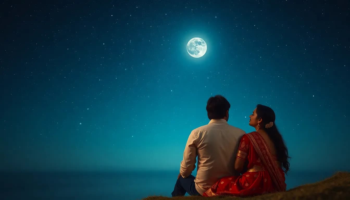 Romantic Tamil couple sitting together under a beautiful starry night sky, dreamy romantic atmosphere, soft moonlight, emotional love story, cinematic lighting, ultra realistic, high detail, vertical 9:16