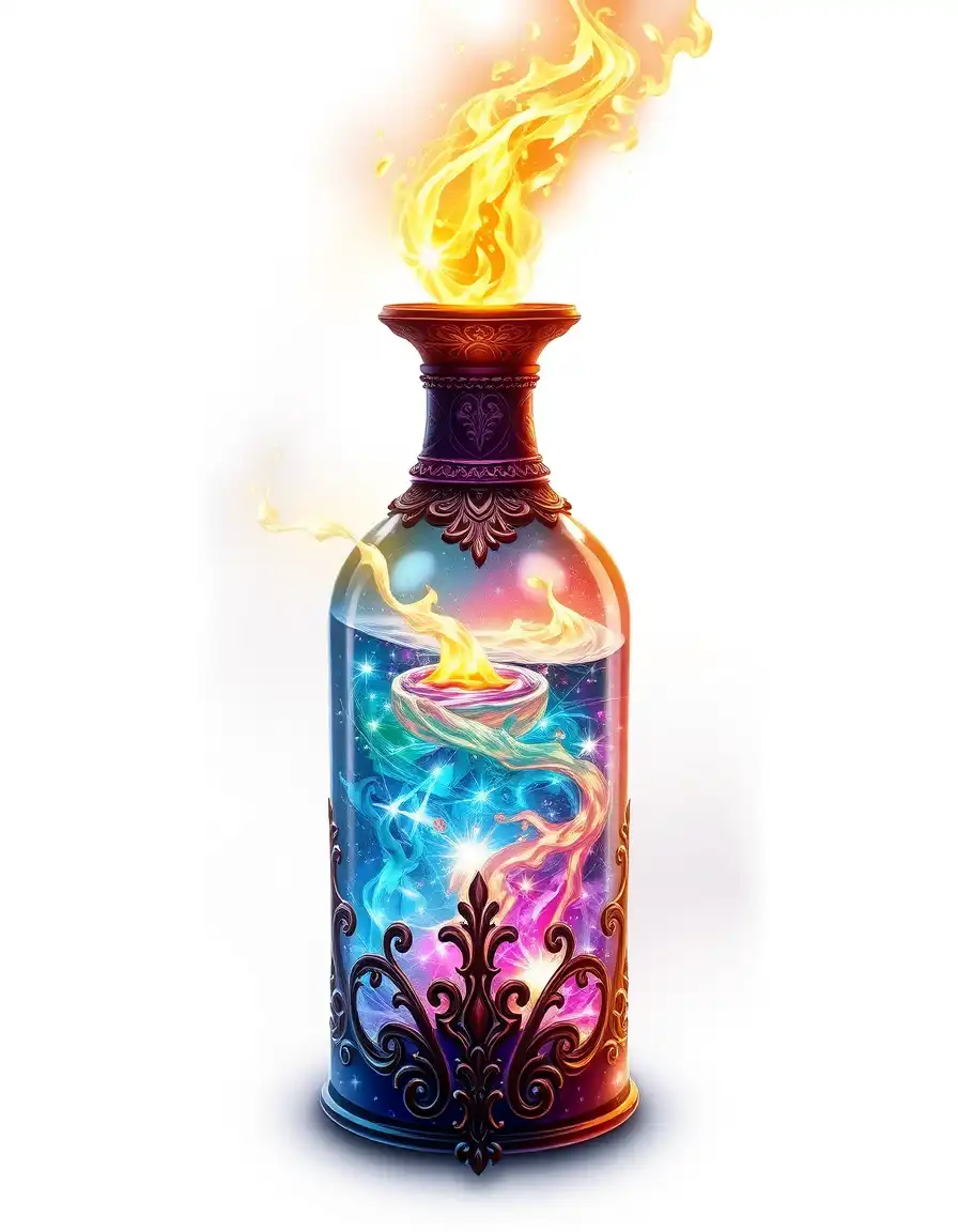 алхемist master elixir, complex layered glowing liquids -, intricate fantasy potion bottle, ornate glasswork, glowing liquid, swirling magical particles, luminous glow, ultra detailed, vibrant colors, high fantasy illustration, crisp edges, sticker-like composition, isolated on pure white background, no shadow, no environment, centered, ultra high resolution, no text, no watermark