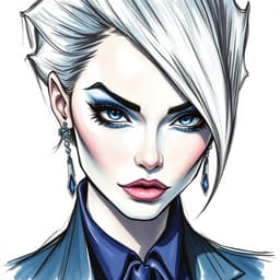 a bold high‑fashion illustration in the unmistakable astrid vos style, featuring a dynamic expressive character in dramatic close‑up, angular textured hair, sharp irises, and impeccably tailored couture; icy blue, frosted white, steel gray, deep navy, cool lavender and silvery teal palette; charcoal sketch with powdery carbon texture, high‑contrast chiaroscuro, directional lighting, rim light and deep shadows; icy blue, frosted white, steel gray, deep navy, cool lavender and silvery teal palette.