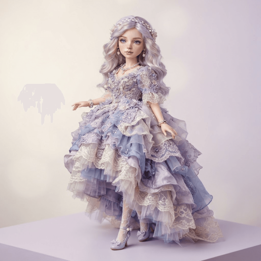 a custom fashion doll with pastel lavender hair, hand painted face and an elaborate layered dress, product photo, clean soft gradient studio background, soft studio lighting, crisp high detail