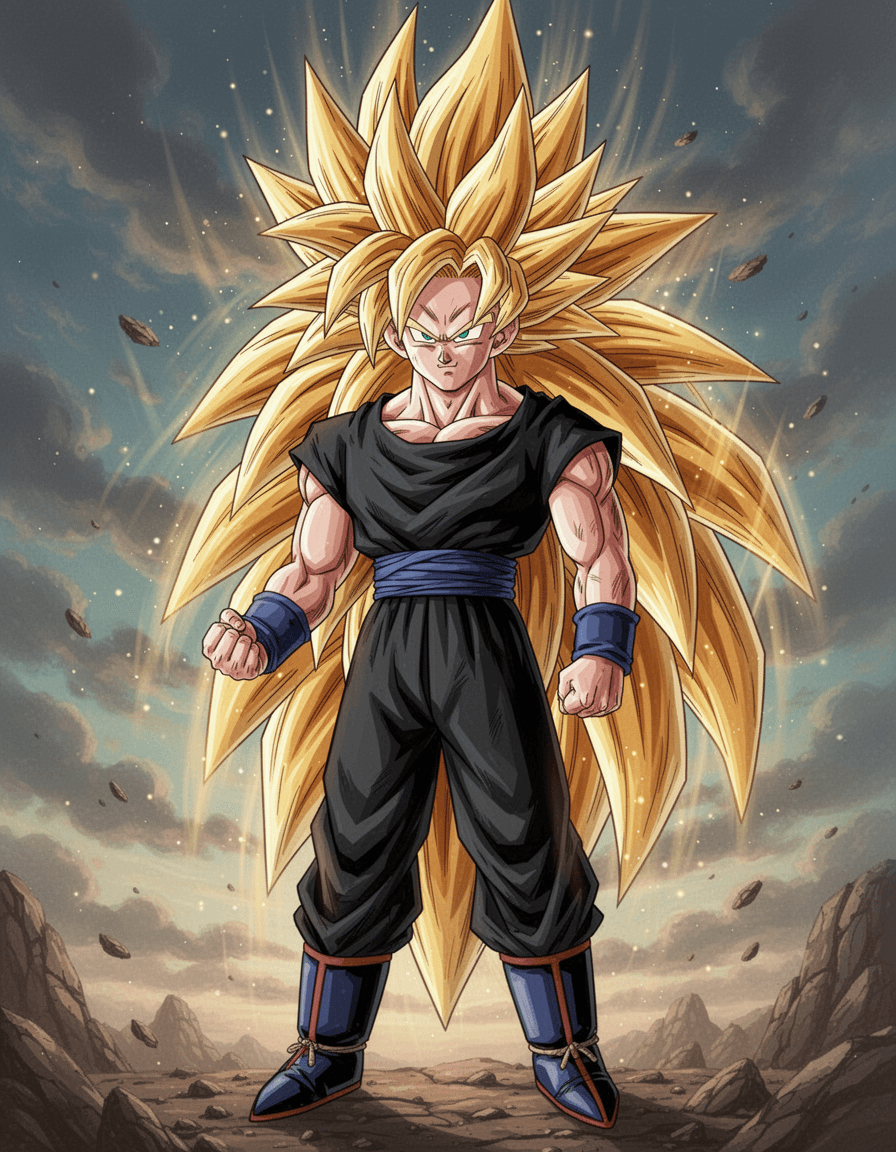 Dragon ball art style, long spiky haired Saiyan, wearing black Saiyan battle suit
