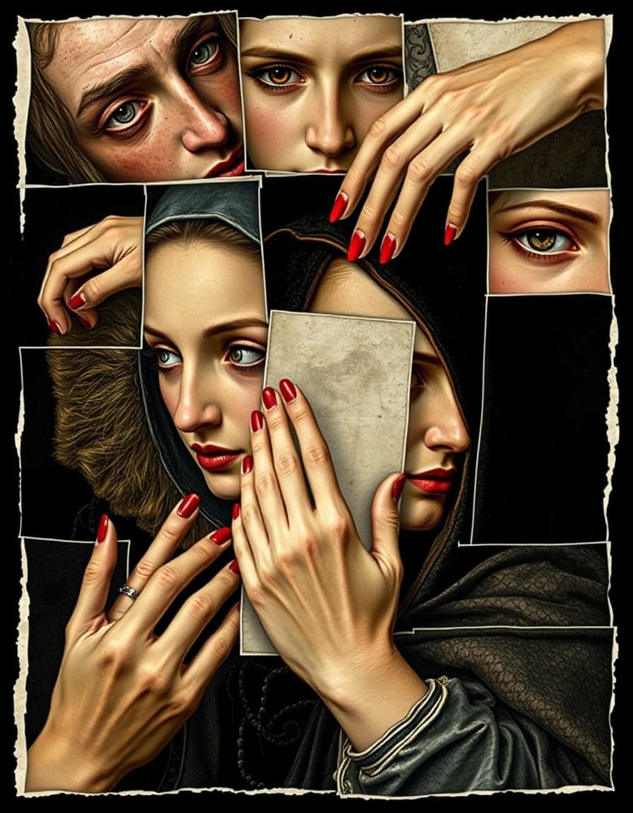 Collage-style banner: mismatched Renaissance faces, hands, and eyes — arranged dreamlike. Black / Deep Charcoal: background for mystery and luxury.
Ivory or Antique White: for text contrast (evokes old canvas tones).
Hints of Crimson or Gold: subtle accents symbolizing passion, blood, and wealth — but keep minimal.