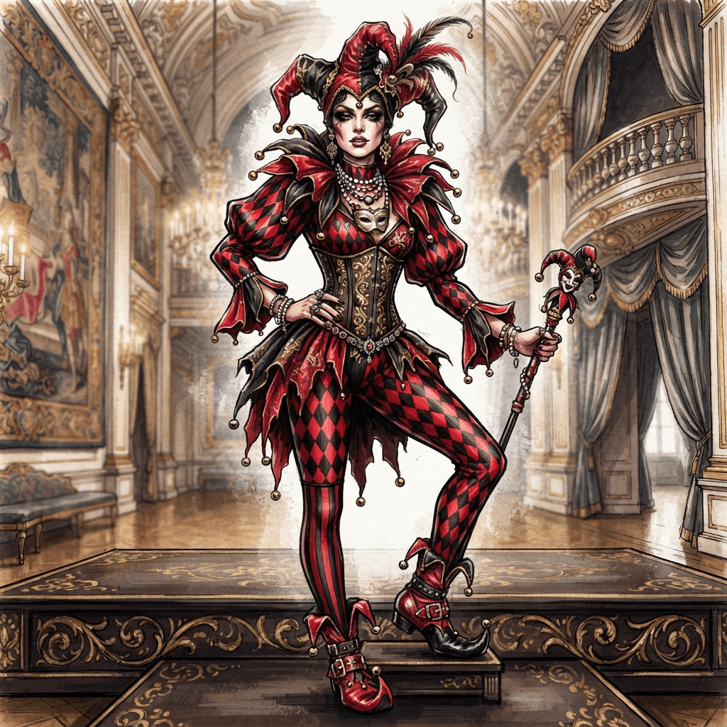 jester fashion, harlequin diamond pattern, belled collar, court fool styling, red and black, styled with statement accessories, fashion illustration, full body