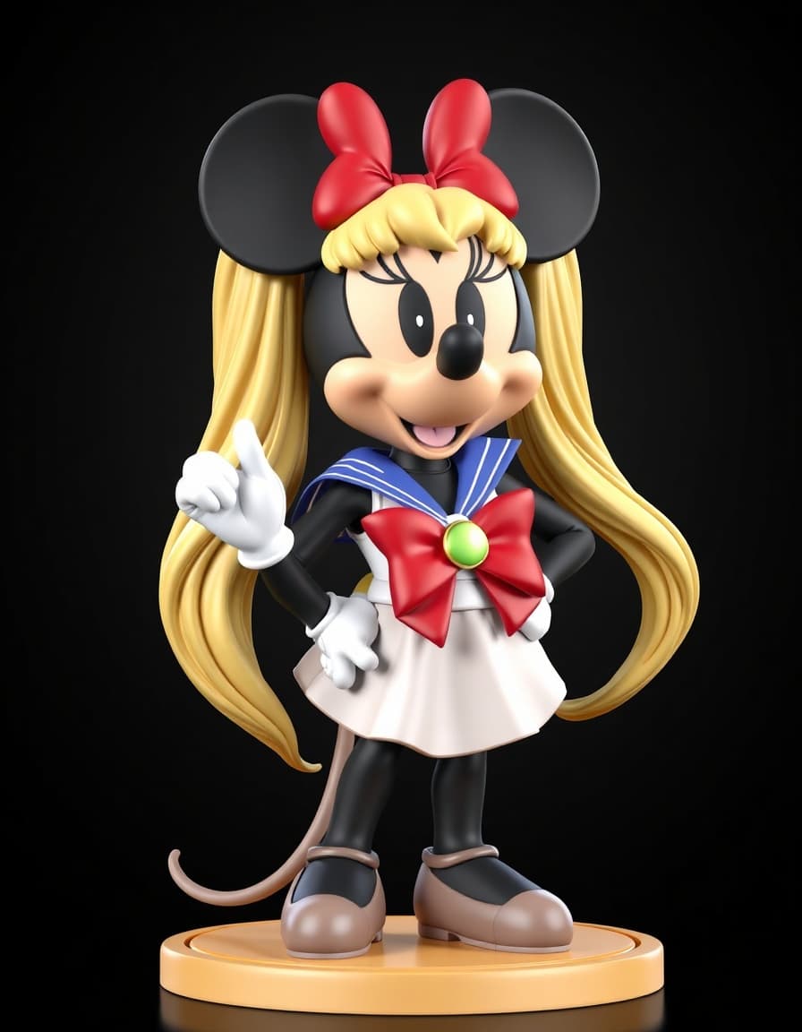 Create a full-body high-end 3D collectible statue with a visible base, designed as a physical object optimized for 3D printing.

IDENTITY / CORE DESCRIPTION
Anthropomorphic mouse character unmistakably recognizable as MINNIE MOUSE styled as Sailor Moon from the Pretty Guardian Sailor Moon universe. This character must clearly be Minnie Mouse wearing the iconic Sailor Moon magical girl outfit, not a reinterpretation, not an inspired creature, and not an abstract entity. The statue must look like a premium high-end collectible statue designed for collectors.

HEAD / CHARACTER DETAILS
Classic Minnie Mouse head with large round ears integrated naturally with Sailor Moon’s iconic hairstyle. Expression confident and heroic like a magical girl ready to protect the world.

HAIR
Long blonde hair styled in Sailor Moon’s signature twin buns (odango) with extremely long flowing twin ponytails.

OUTFIT / CLOTHING
Faithful Sailor Moon magical outfit:

• white sailor style top
• blue sailor collar
• large red bow on the chest
• short blue pleated skirt
• red knee-high boots with white trim
• white gloves with red bands
• golden tiara with a red gem

ACCESSORY
Minnie holds Sailor Moon’s magical crescent moon wand raised in the air.

POSE
Dynamic magical girl pose. Minnie Sailor Moon stands with one leg slightly lifted behind and one arm raised holding the moon wand while the other arm extends outward as if casting moon magic.

BASE
Circular magical base with crescent moon shapes, stars and glowing magical energy swirling around the character.

STYLE / MATERIAL
Highly detailed sculpt designed as a premium collectible statue with flowing hair movement, elegant magical girl silhouette and surfaces optimized for physical 3D printing.