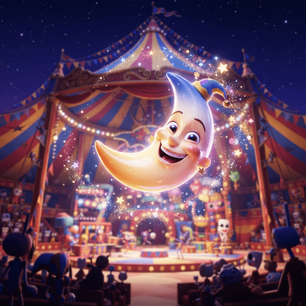 Moon from The Amazing Digital Circus, smiling crescent moon character with a friendly expressive face, starry night sky, dynamic playful action pose under the big top, glossy 3D circus style, polished expressive 3D animation, bright colorful Amazing Digital Circus environment, no text, no logo, no watermark