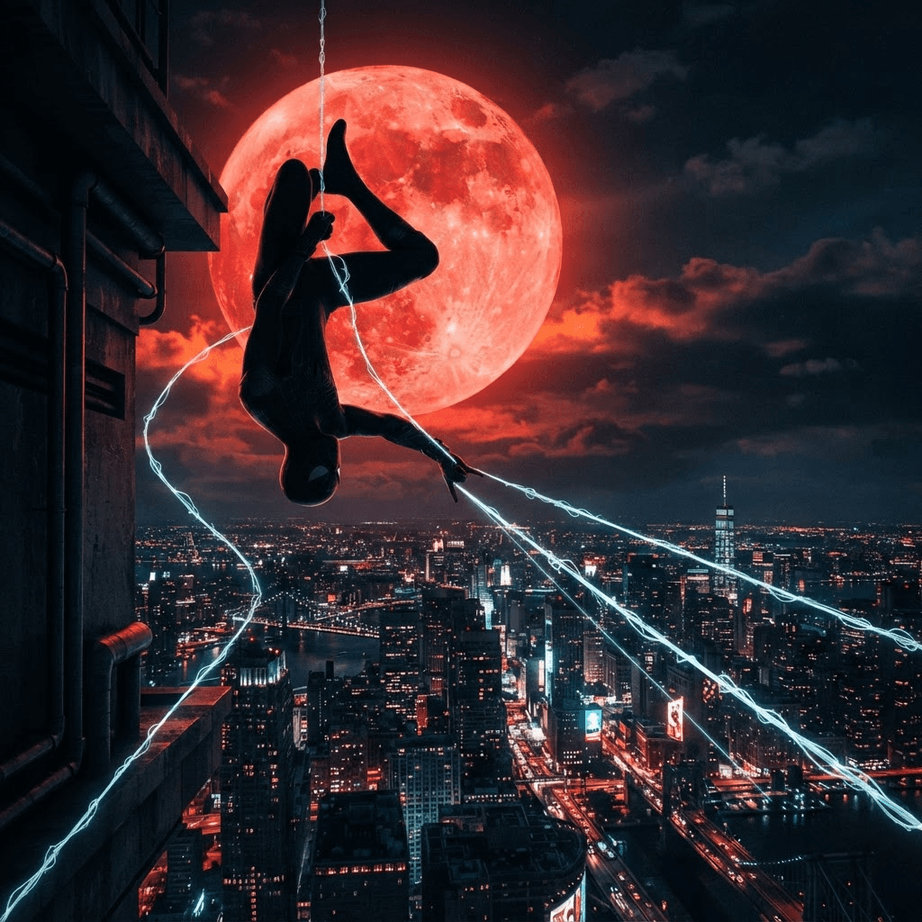 masked web-slinger silhouette against a huge red moon over a night city, dramatic wallpaper key art, glowing web lines, cinematic lighting, crisp high detail