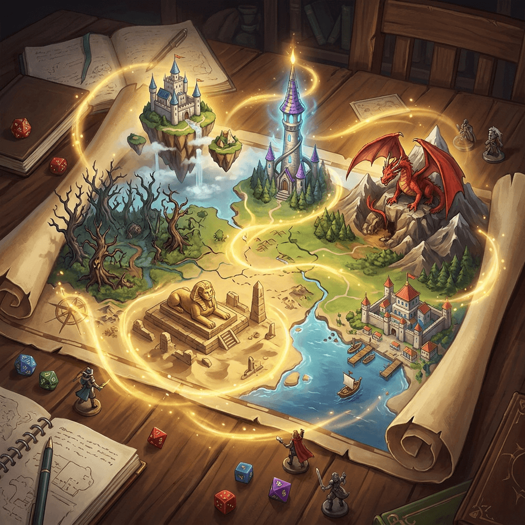 A fantasy worldbuilding scene for a tabletop RPG campaign. A dungeon master’s parchment map expands into a living world: floating islands, a cursed forest, a glowing wizard tower, a desert ruin, a seaside kingdom, and a dragon’s mountain lair all rising from the map as miniature cinematic landscapes. Dice, notes, and small figurines surround the map on a wooden table. Magical golden light, cozy campaign-prep feeling, highly detailed fantasy illustration, wide composition, no readable text, no logos, no UI, no watermark.