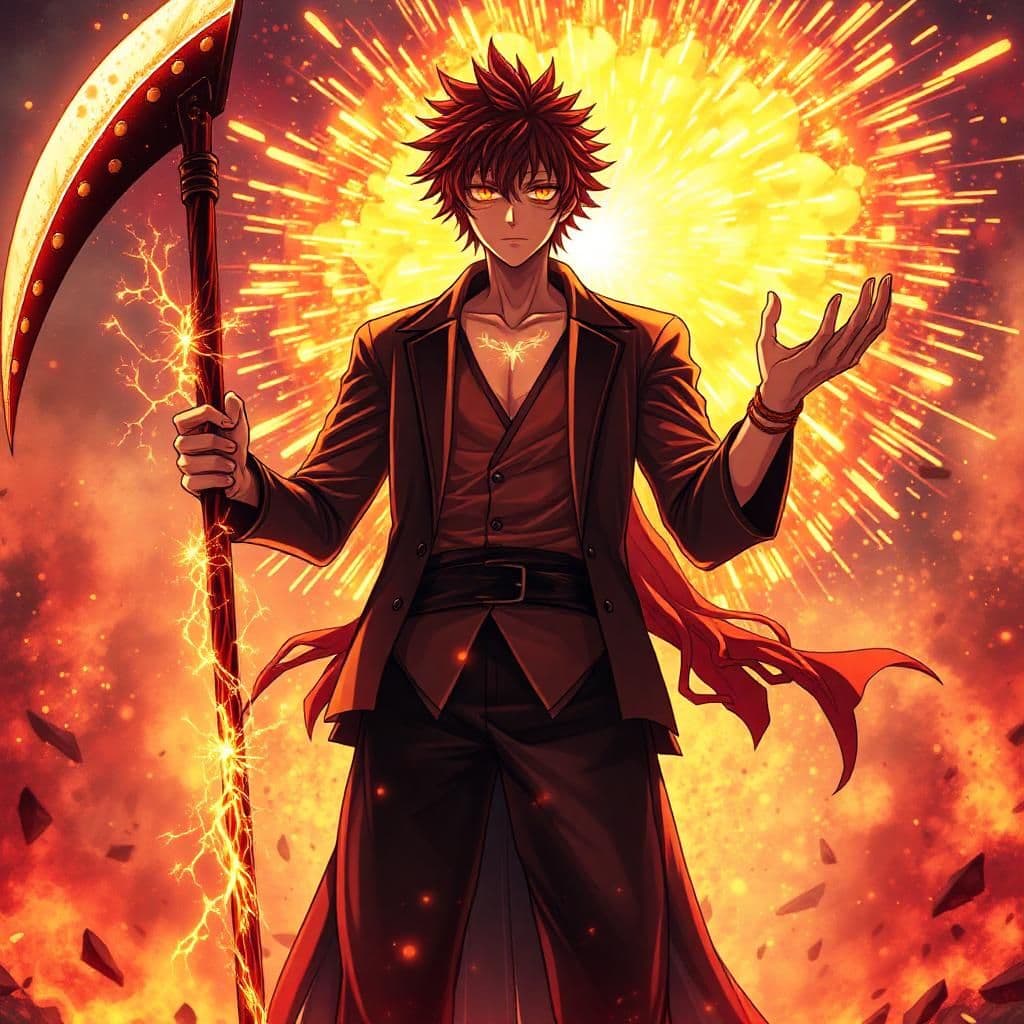 "create a breathtakingly intense image of isagi yoichi as a scorching hot shinigami standing amidst a seismic explosion of firework chaos in karakura town, surrounded by an inferno of blazing colors that dance to the rhythm of his ferocious spirit energy. the sky erupts in a maelstrom of fiery hues - blazing reds, smoldering oranges, and molten golds - as if the very fabric of reality is set ablaze with the fervor of celebration. the backdrop is a frenzy of swirling golden flames, symbolizing the unbridled passion and joy of the new year's festivities. isagi's left hand grasps a sleek, blazing-hot scythe that crackles with an intense, otherworldly power, while his right hand stretches out, palm up, as if beckoning the firestorm to consume him whole. his eyes blaze with an inner fury, igniting the fireworks into a dazzling, pyrotechnic display that seems to feed off his unyielding determination. the artistic style fuses ancient japanese warrior spirit with high-octane, adrenaline-fueled energy, creating a scorching, awe-inspiring image that embodies isagi as a shinigami - a force of nature unleashed upon a world ablaze with possibility. in the background, huddled masses of people stumble forward, arms outstretched, as if surrendering to the firestorm's unrelenting power, their faces illuminated only by the dancing flames. focus on capturing isagi's unyielding will, a titan of the spirit realm, unencumbered by mortal constraints, as he channels the primal energy of the firework apocalypse."