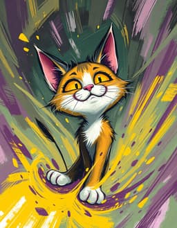 felix, the iconic cartoon cat, rendered in turbulent chaos style: swirling turbulence fills the scene with harsh, dissonant palettes of sickly yellow, deep purple, and pastel green, bold expressive brushwork of thick uneven strokes, a tilted, claustrophobic composition, high contrast, raw existential fantasy atmosphere, chaotic and wild energy.