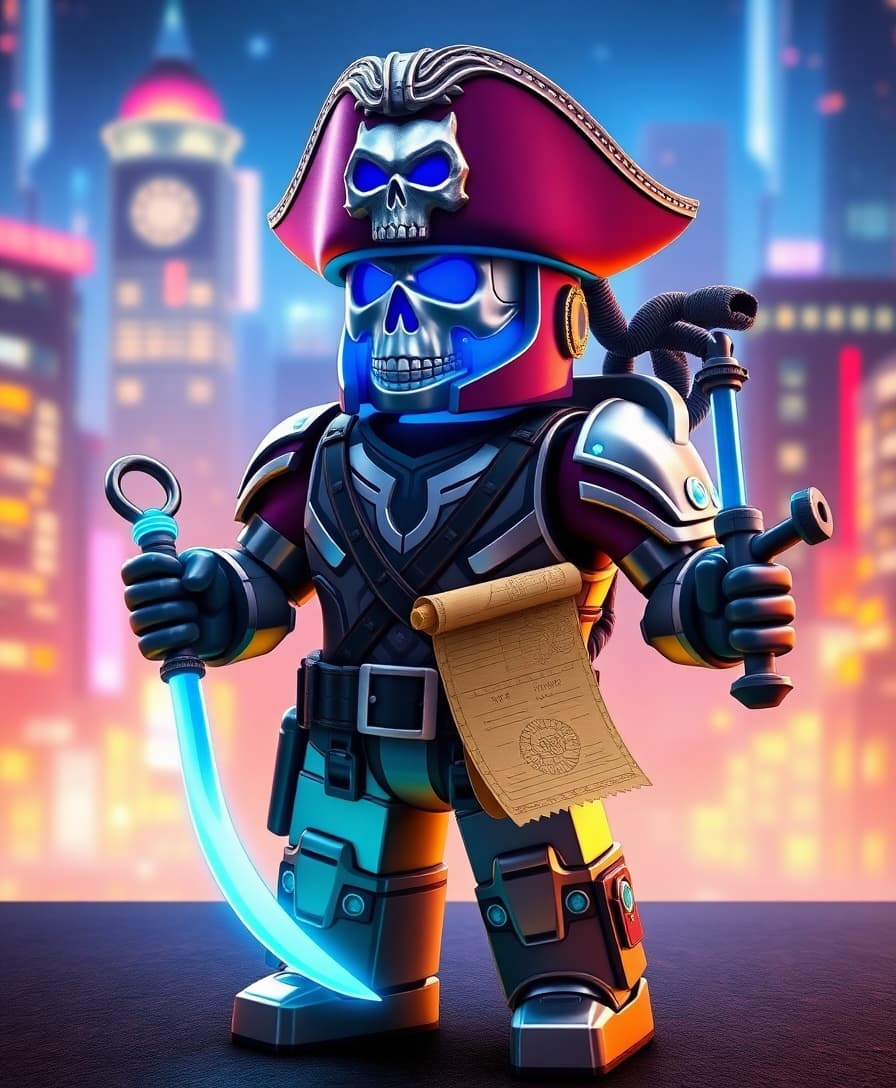 "body: roblox-style character with sleek, high-tech armor plating
head: tricorn hat with glowing blue circuits beneath the skull emblem
accessories: grappling hook instead of hook hand, treasure map scroll on back, futuristic sword with blue energy blade
style theme: space pirate / rogue explorer for a roblox character, with a neon-lit cityscape or galaxy background."
