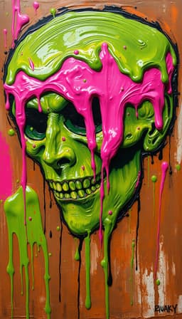 green chutney, funk art painting, crude anti‑aesthetic technique, garish clashing colors with bilious greens, hot pinks, muddy browns and fluorescent accents, raw dripping brushwork, sloppy texture, chaotic humorous composition, vulgar counterculture defiance