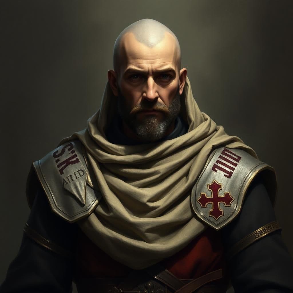Fais moi une image réaliste d'un chevalier de l'ordre du Temple. Il doit avoir une tête casquée. AIR3 doit être inscrit sur ses épaulettes et DREIID doit être inscrit en haut de l'image et en caractère médiéval.
Le tout doit être dans une ambiance sombre.