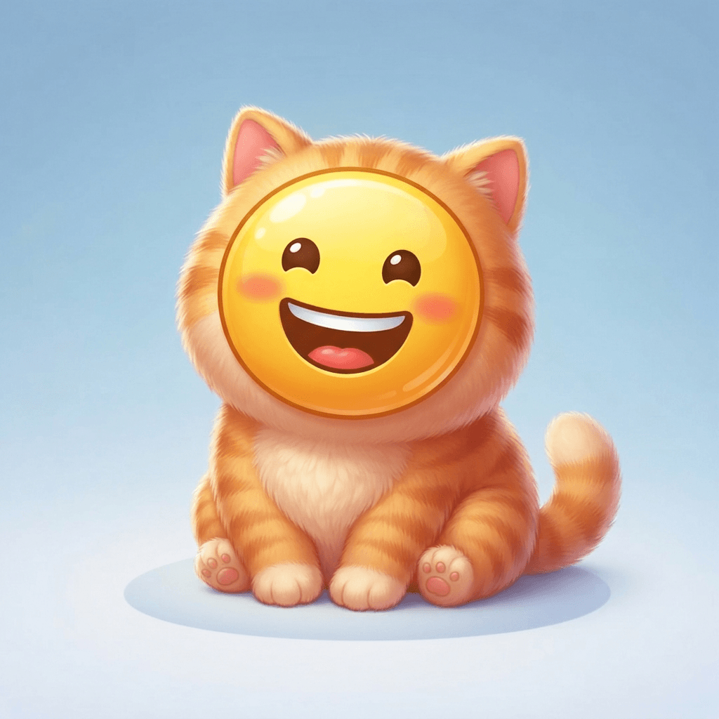 cute emoji cat character, chubby cartoon cat with a big round glossy yellow emoji smiley face, huge happy grin, tiny paws, clean soft gradient studio background, vibrant, crisp high detail, digital illustration