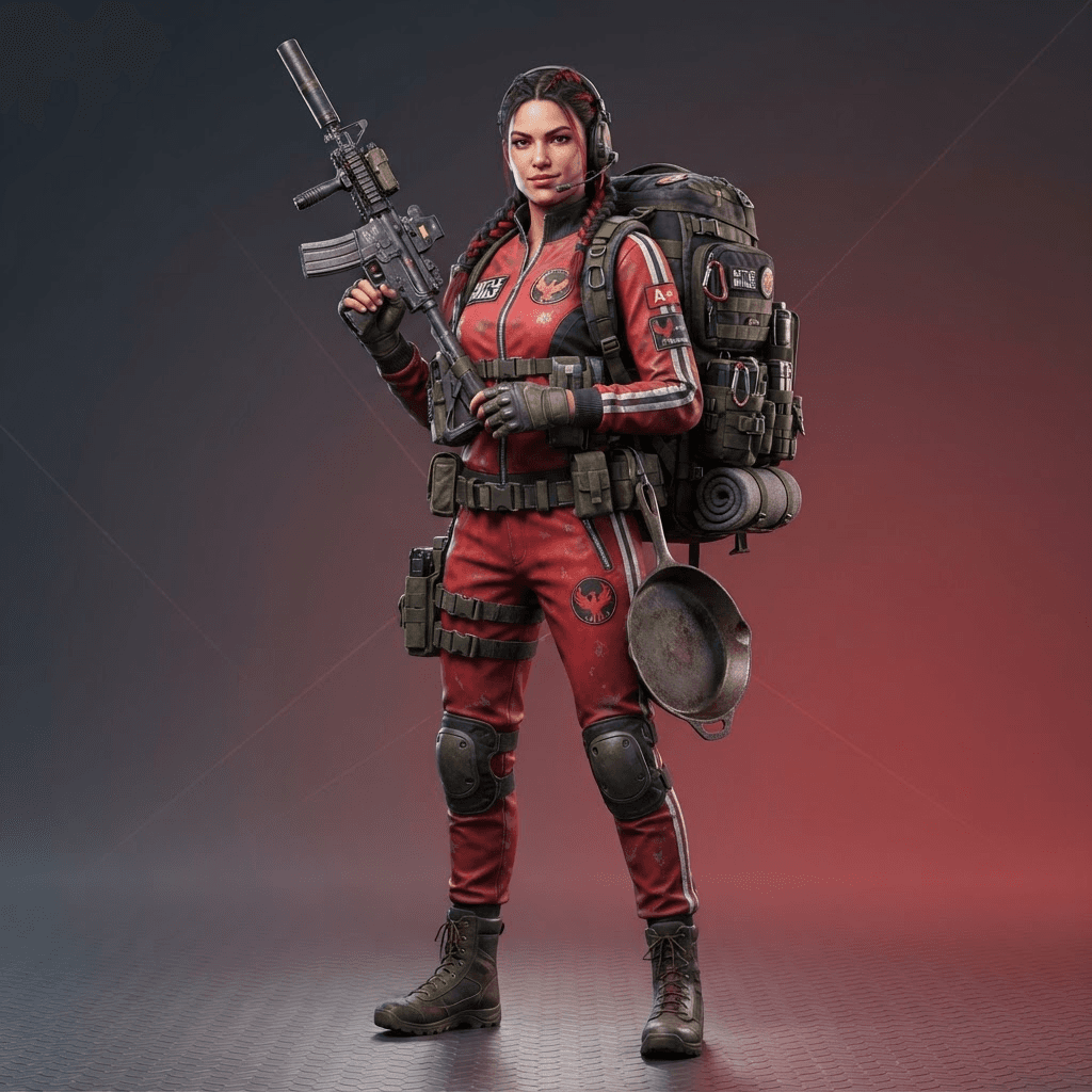 female battle royale operator in a red tracksuit with a large backpack and a cast iron pan, stylized realistic game render, clean gradient background, crisp high detail