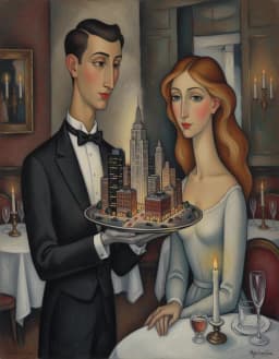 amedeo modigliani style painting set inside an elegant restaurant interior, featuring elongated, graceful figures with elongated necks and stylized facial features characteristic of modigliani’s portraiture. a poised waiter, rendered with soft, muted tones and subtle brushwork, holds a delicate tray presenting a miniature manhattan cityscape: tiny skyscrapers with illuminated windows casting warm glows, tiny streets and lights visible through the scaled-down buildings. opposite the waiter stands a beautiful woman with flowing hair, gentle eyes, and a serene expression, both characters gazing intently at the glowing miniature city. the restaurant background includes richly textured walls, candlelit tables, and a subtle, muted color palette that highlights the central trio while maintaining the distinctive chiaroscuro and lyrical grace of modigliani’s early 20th‑century aesthetic.