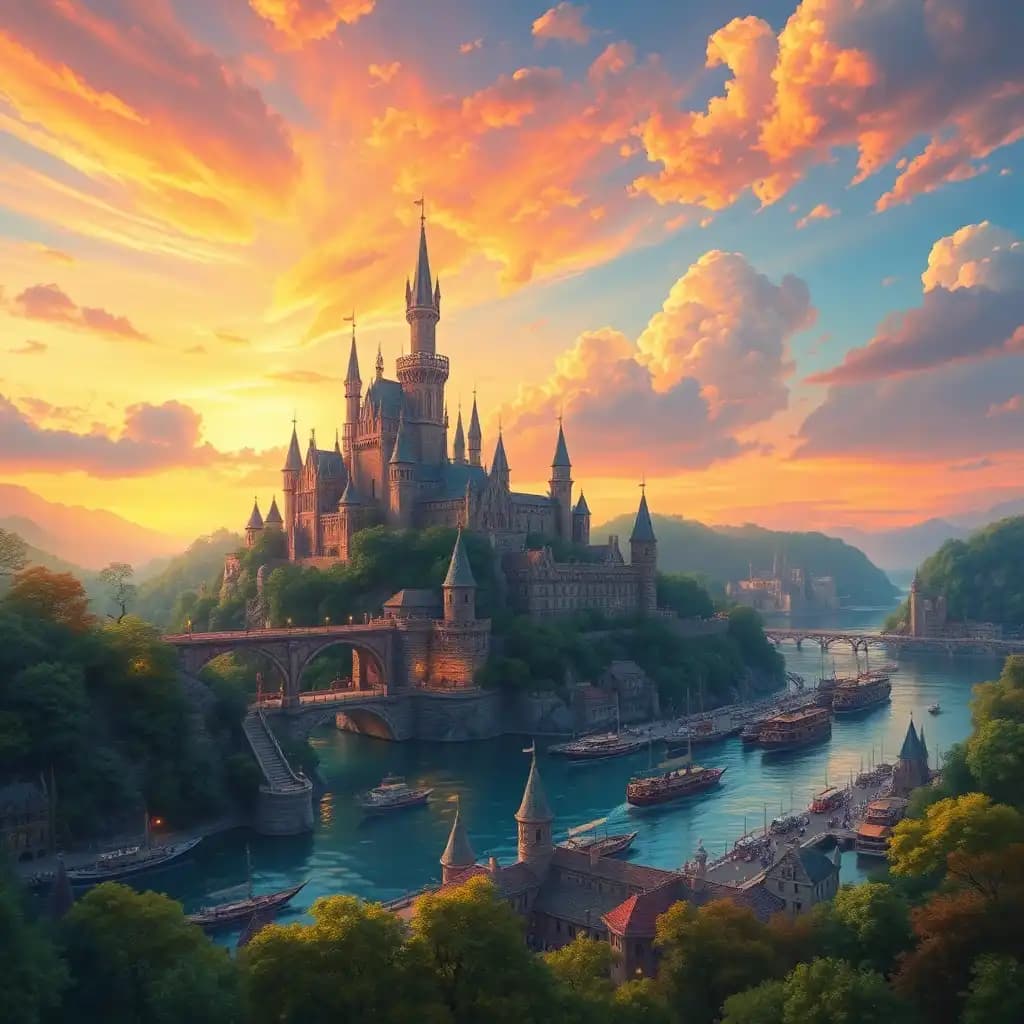 **"add cheese: hyper-real dreamland"**

create an image from the following prompt in an aspect ratio of <18:9> {landscape}  **extremely add cheese**

vibrant fantasy town beneath a breathtaking sunset sky, monet-inspired impressionism on steroids. majestic castle on a hill of greenery, with twinkling lanterns lining an arched bridge. winding river flows through the landscape, reflecting the kaleidoscope sky in an ethereal dance.

a picturesque pier stretches into the river, hosting a fleet of gleaming boats. bustling docks teem with people from all walks of fantasy life, set against a lush forest backdrop of interlocking trees - some with glowing branches, others with vines wrapped around fairy-tale spires.

the vibrant scenery unfolds like a dynamic oil painting, captivating warm golden lighting that weaves through the contrasting colors of cerulean blue sky, sienna orange, and crimson red. delicate clouds float in shades of umber gray and soft pastels. ocher yellows, green blues, and creamy whites harmonize in perfect tune, immersing you in an enchanting world of beauty.

an extraordinary blend of fantasy and art, the scene captivates with intricate details, crisp quality, and colorful strokes reminiscent of impressionist masterpieces. high resolution, hdr, with thousands of intricate details perfectly visible. beautiful, intricate oil on canvas masterpiece of fantasy world, reminiscent of fantasy illustrations.

the dreamlike atmosphere immerses you, with golden sun rays illuminating towering castle walls and mythical creatures, adding subtle elegance to the fairy-tale world unfolding before your eyes.

the painting leaps to life, colorful, eye-catching, radiant beauty of lush emerald landscapes, majestic spires and wondrous spectacle, where reality blurs into fantasy, bringing an ideal oil-painting experience, a wondrous dream captured in awe-inspired intricate fantasy.

**resolution:** 3840 x 2160 pixels
**aspect ratio:** <18:9> 
**hdr & high resolution**
**add cheese: extremely intricate quality oil on oil canvas masterpiece**