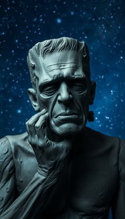 wet clay sculpture of frankenstein's monster sobbing, under a vast night sky of endless stars, cool blue‑purple starlight, serene cosmic melancholy, lonely reflective mood, matte finish, subtle shadow play, cinematic widescreen framing, shallow depth of field, gentle edge falloff, quiet poetic atmosphere, cool blues and purples, lonely starlight palette.