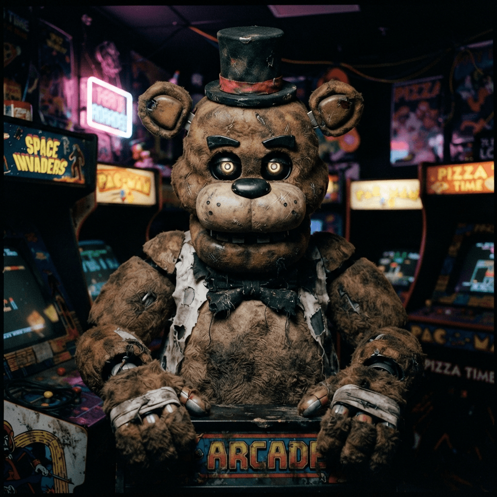 an animatronic bear character costume in worn brown fur with a top hat and bow tie, arcade horror styling, cosplay portrait, waist up, detailed costume