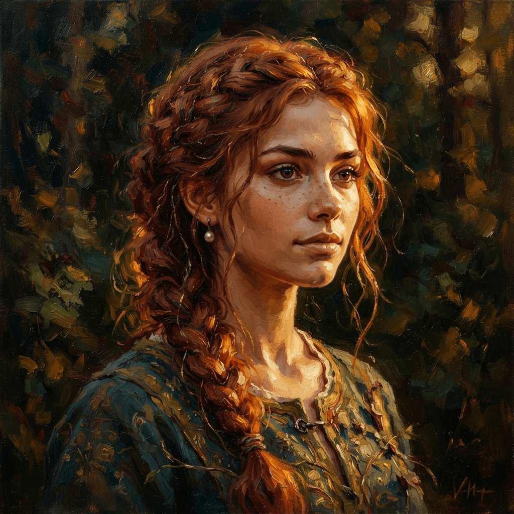 painterly oil painting close-up avatar portrait, braided auburn hair, golden hour light, classical fine art style, pfp ideas