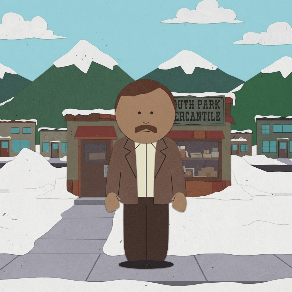 an original grown-up character in a brown suit with a mustache in front of a small town shop, in the exact art style of the South Park TV show: flat construction-paper cut-out animation, simple round head, tiny dot eyes, no nose, stubby body with simple mitten hands, thick black outlines, flat solid colors, no shading, crude paper texture, snowy Colorado mountain town background