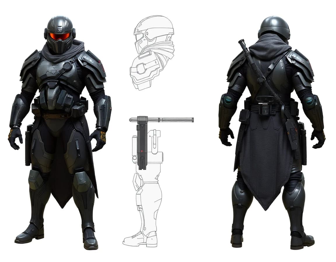 Futuristic sci-fi soldier with full armor. Photo realistic style. Model sheet with front, back and side view of the model. Fantasy sci-fi ninja