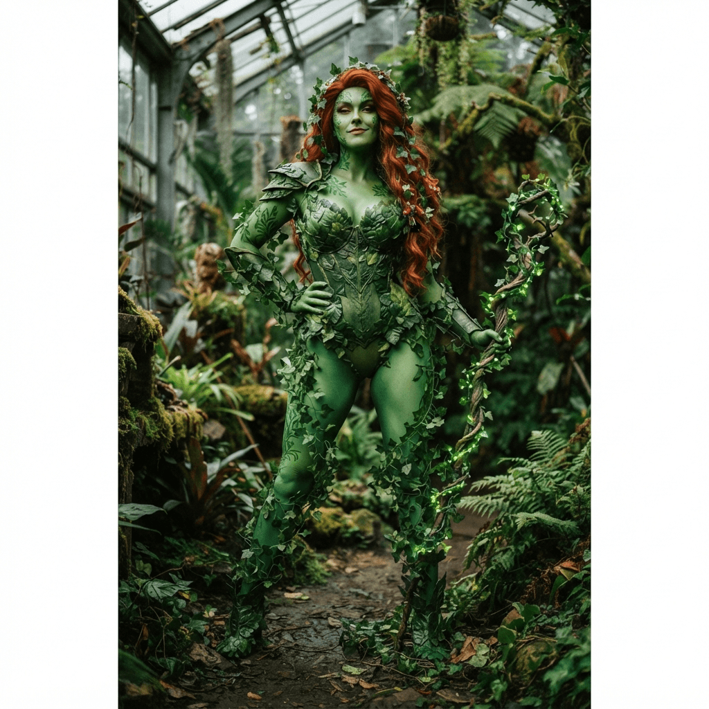 a green skinned botanical villain in a leaf covered bodysuit with long red hair and trailing ivy vines, cosplay reference, full body, standing portrait