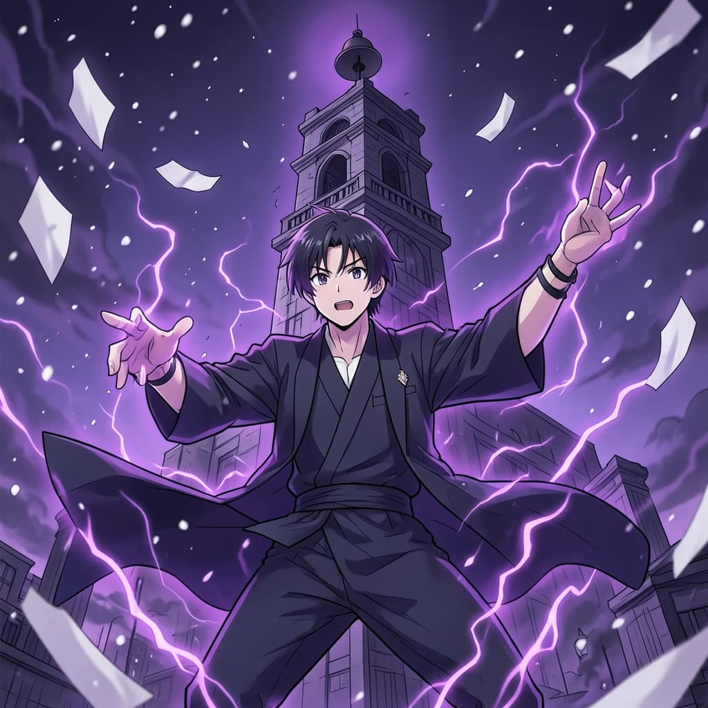 a sorcerer mid-cast, one hand raised in a sign, a tall tower with a single bell behind them, paper falling like snow through violet light, cursed energy crackling