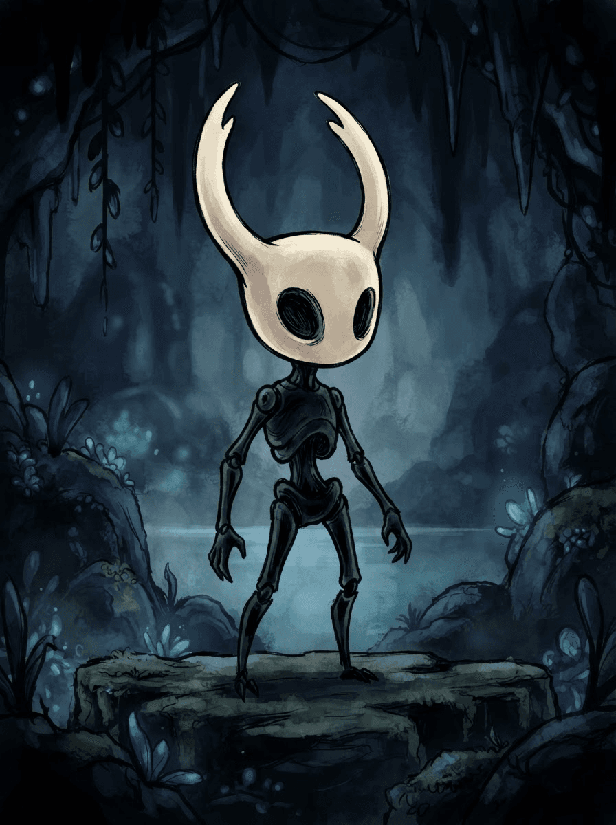 A small black vessel, void-dark and hollow, with two long curved horns sweeping up from a smooth pale-cream mask — no cloak yet, no eyes, just the empty shape waiting., in the style of Hollow Knight, hand-drawn gothic 2D art, muted blues and blacks with glowing white eyes, painterly hollow-shell bug character, full-body character portrait, centered, relaxed lively stance