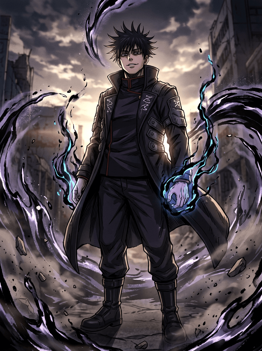 a special grade sorcerer at the peak of power, immense cursed-energy aura distorting the air, calm overwhelming presence, dramatic backlighting, Jujutsu Kaisen anime style, cinematic MAPPA-inspired action, crisp cel shading, dynamic cursed-energy effects, dramatic ink linework, high-contrast lighting, fluid action poses, detailed sorcerer uniforms, intense facial expressions