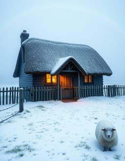 a rustic thatched‑roof cabin in the british countryside battered by an enraged snowstorm, rendered in a glacier color treatment of pale cold blue‑white with dense frozen intensity, shifting the luminous pearl tones to icy blues while preserving the swirling white wind, misty fog, frost‑kissed snowflakes, wooden fence and charming gate. low‑angle wide shot follows the rule of thirds, lavender‑hued rays illuminate rolling green patchwork fields dotted with fluffy white sheep and a faint rainbow arching overhead. film‑grain texture, shallow depth of field, extreme detail, all unified under the icy glacier palette.