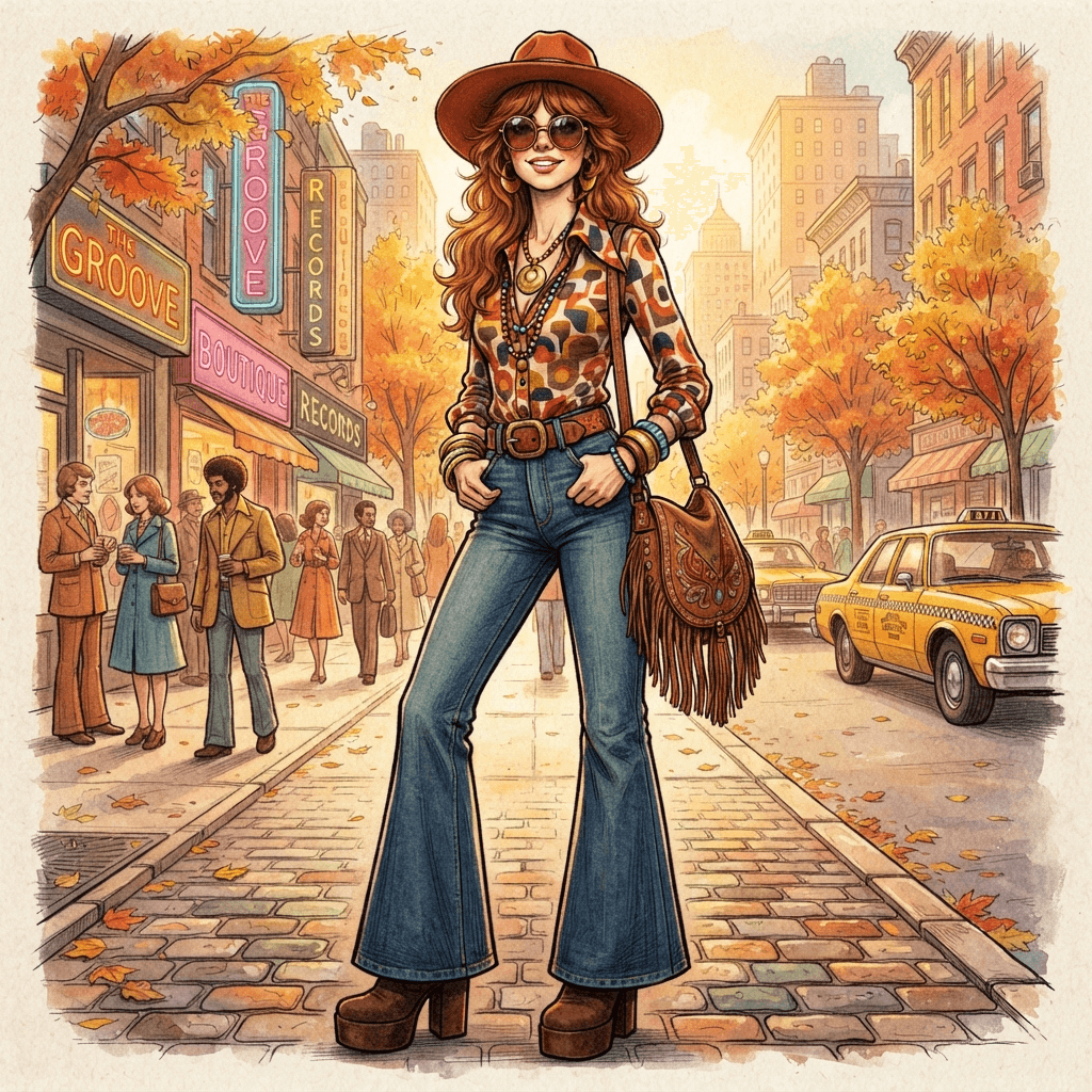 retro revival fashion, seventies flared silhouette, bold geometric print, platform boots, warm earth palette, styled with statement accessories, fashion illustration, full body