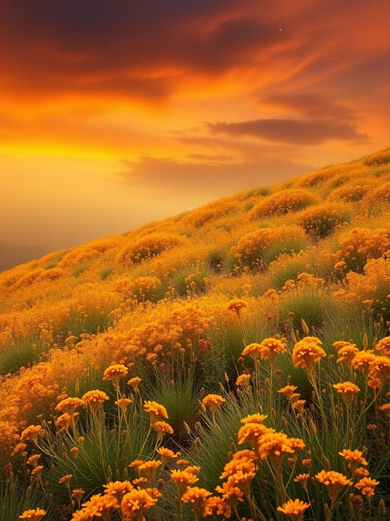 A rustic hillside, covered in a warm carpet of goldenrod and orange wildflowers, sways gently in the soft autumn breeze. The air is filled with a cozy haze, and the flowers seem to glow with a soft, warm light. Fireflies dance around the blooms, adding to the charming atmosphere. The sky above is a warm mix of burnt orange, mustard yellow, and deep burgundy, with a few stars twinkling like embers. The hillside is alive with a sense of comfort and wonder, inviting all to explore its natural beauty.
