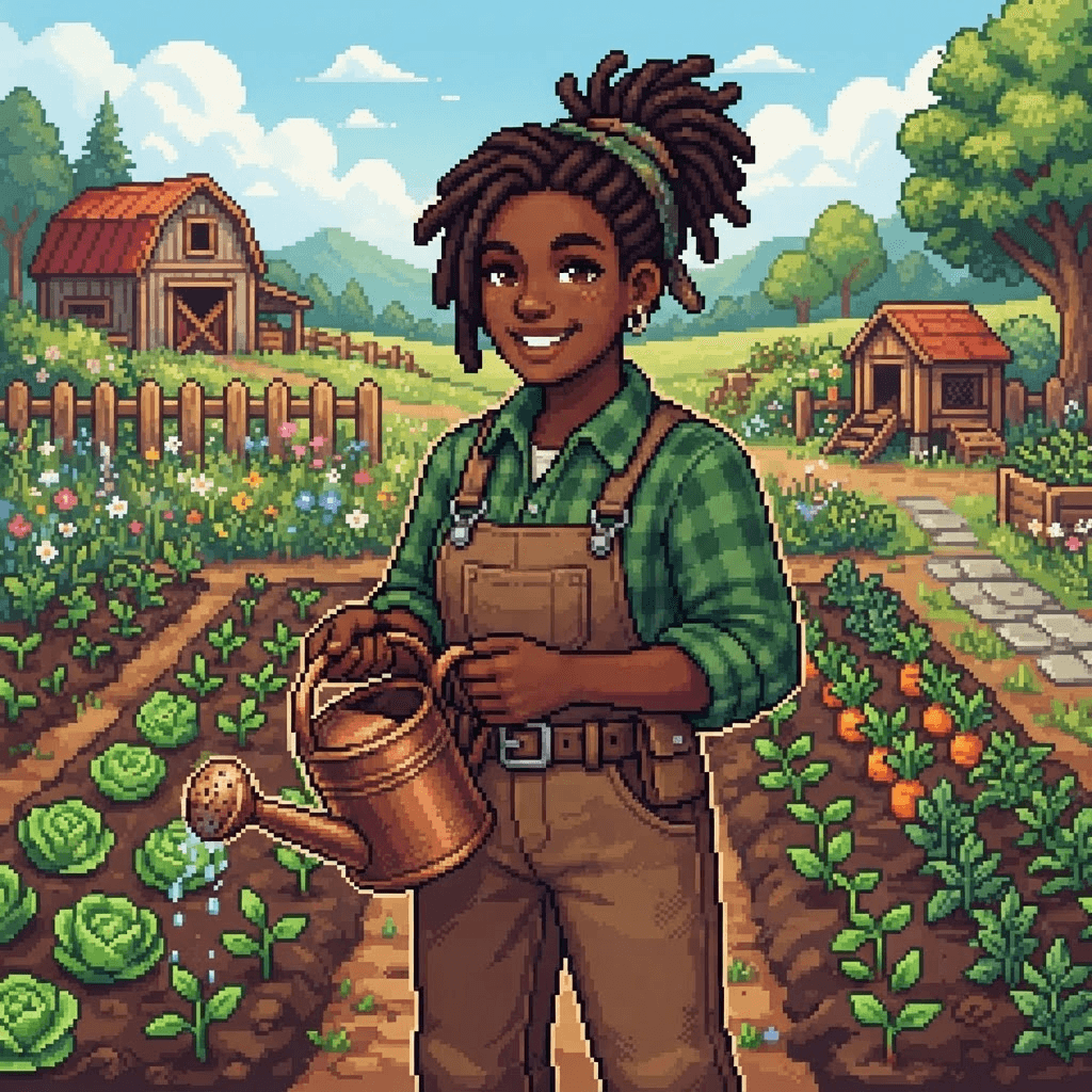 cozy pixel art farmer portrait, 16-bit RPG style, dark skin and locs tied back, green flannel shirt, watering can in hand, spring crop rows behind, crisp chunky pixels, vibrant, digital illustration