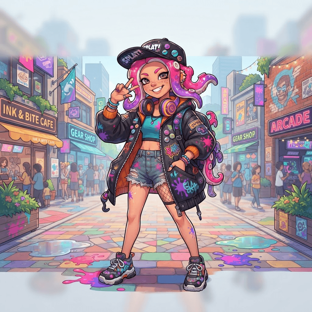 teen character with octopus style tentacle hair in hot pink and purple, oversized jacket, baseball cap, headphones around neck, ink splats, colorful urban plaza with shops, playful cel shaded style