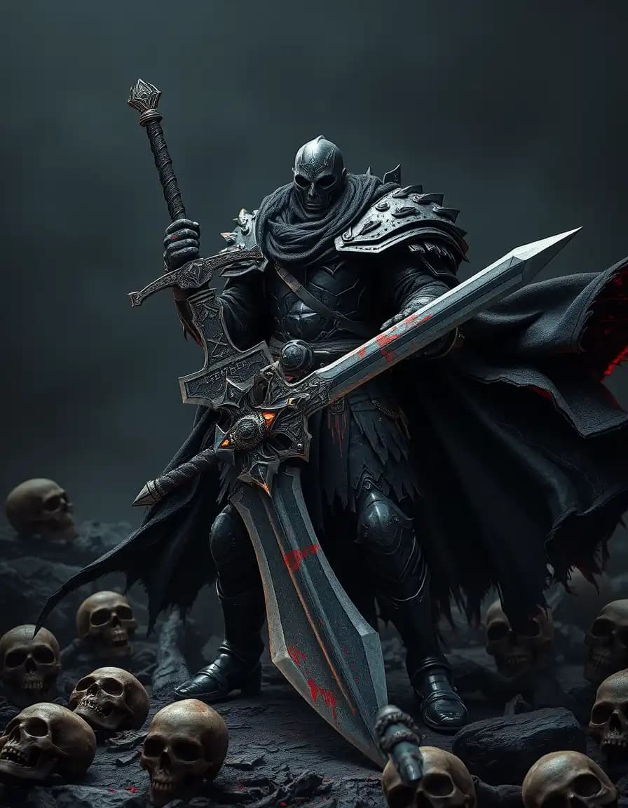 A highly detailed Berserk holding his energizaded sword a battle-hardened warrior in black gothic armor with a massive greatsword , mechanical arm, dark tattered cape flowing in the wind, blood-stained armor, standing amidst skulls and demonic remains, cinematic lighting, ultra-realistic textures, moody atmosphere, dark fantasy film style, 4K realism, high detail, cinematic lighting 4K realism