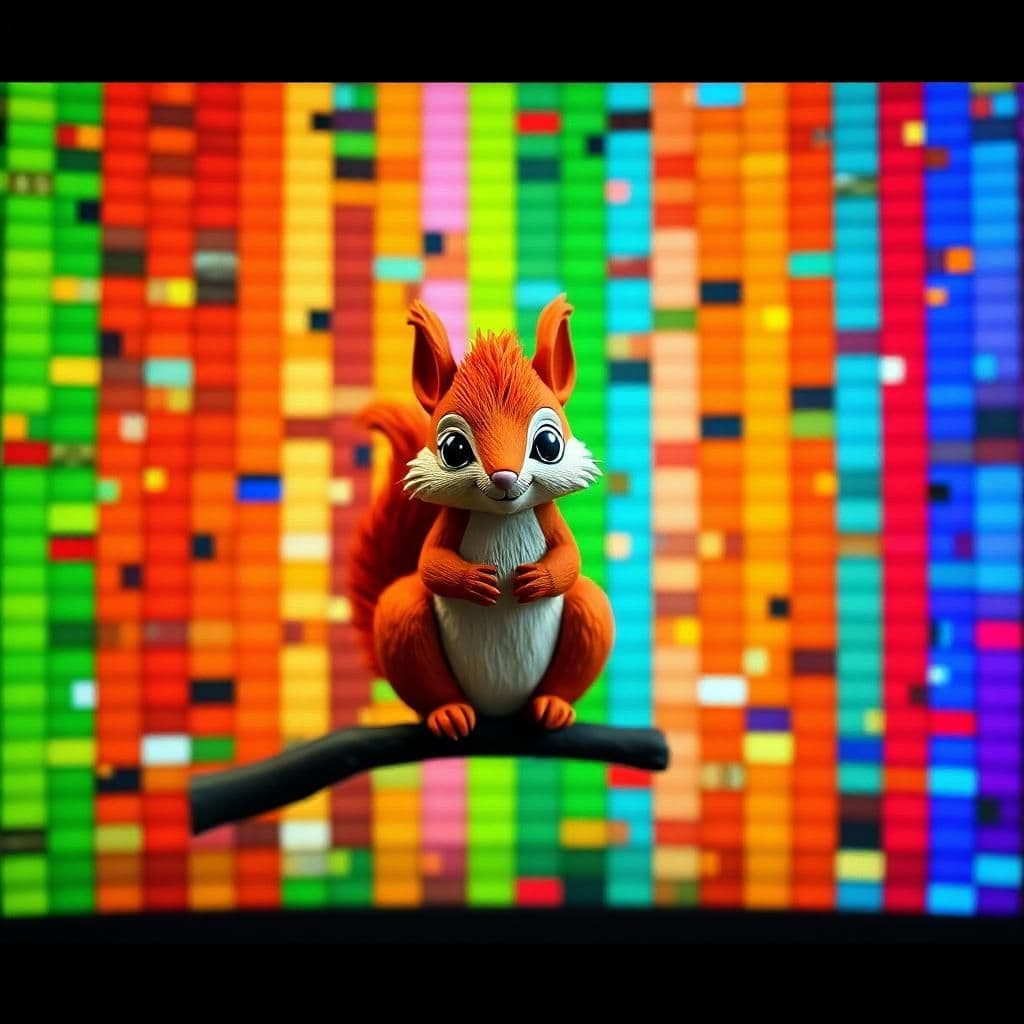 pixel art. screen. randomly colored columns of pixels. game sprites are severely distorted or misplaced, their distorted bodies and limbs stretching out to an unnatural degree as if pulled and warped by an unseen force. game is desperately trying to display two screens at the same time, the boundaries between the screens beginning to blur and fade in a riot of color. in the center of this chaotic mess, a small paper-like 2d model of a furry red squirrel sits perched, its eyes wide with a look of timeless detachment amidst the digital mayhem.