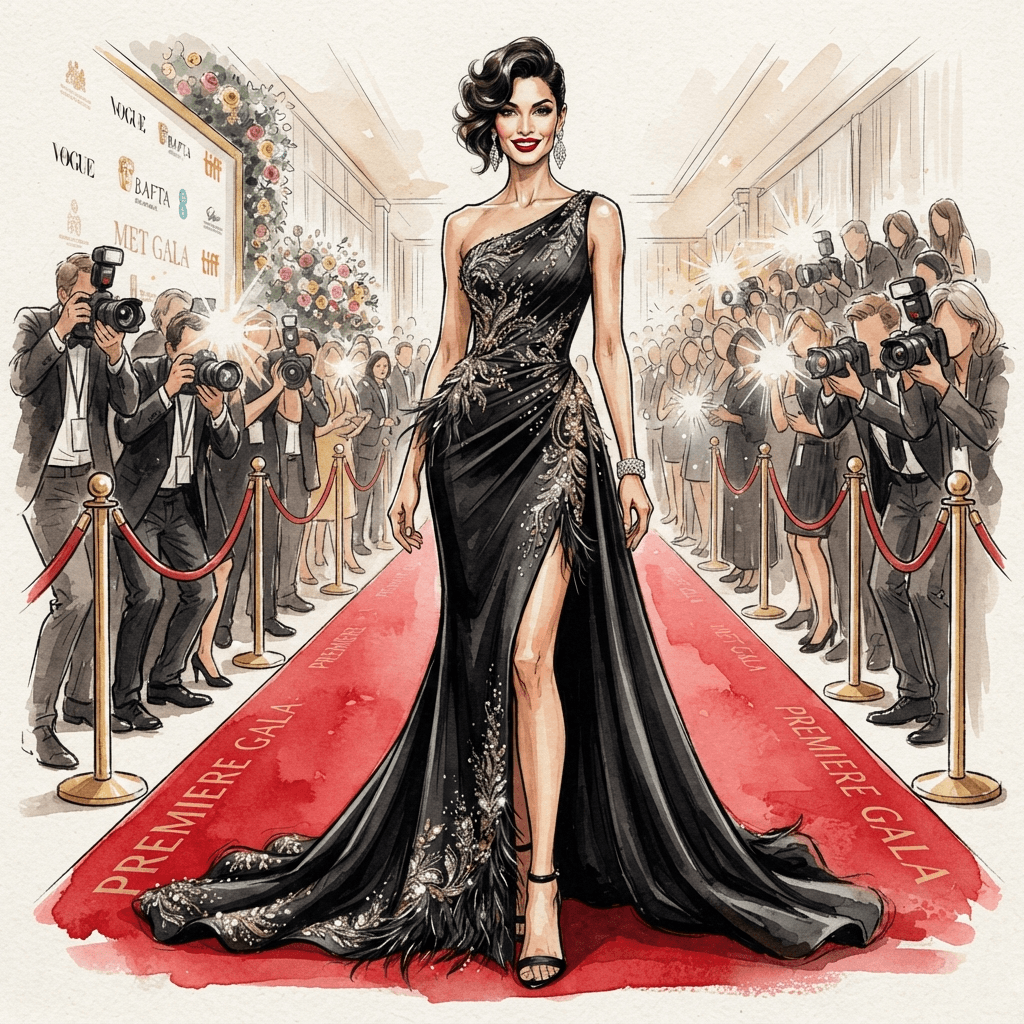 celebrity event fashion, paparazzi ready designer outfit, sleek red carpet styling, full length gown look, fashion illustration, full body