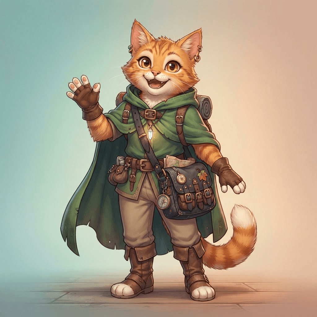 Anthro orange tabby cat adventurer original character, green cloak and satchel, cheerful grin, digital illustration