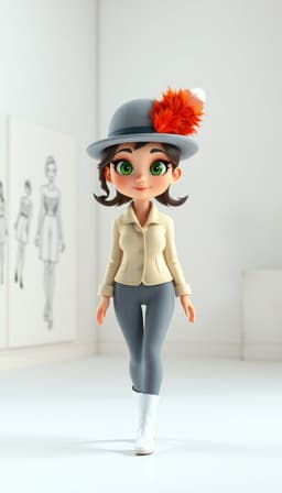 soft‑focus portrait of a charming 3d animated fashion model walking toward the camera, captured in a dreamy, gently blurred aesthetic. she wears a stylized grey hat with a red and white feather, large green eyes, a faint smile, and a cream‑colored fitted jacket over grey leggings and white boots. the scene is set in a minimalist studio with a pristine white wall adorned with faint fashion sketches, high‑key lighting casting soft shadows. the illustration retains contemporary pop‑art colors—vivid orange and cobalt blue—while the soft‑focus style dominates, giving the image an elegant, whimsical atmosphere.