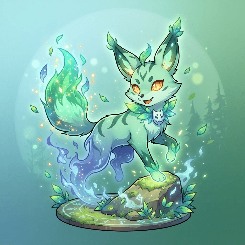 fusion creature, grass fox fused with a ghost, hybrid pocket monster with glowing leaf flames, cel-shaded anime game art, clean soft gradient background, vibrant, crisp high detail