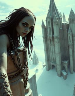 a chained mujer with cracked face and green reptile eyes perched atop a towering edificio of weathered spiky architecture and smooth geometric ruins, reflected snow light bright and diffused from below, faint shadows, serene high‑key atmosphere, razor‑defined edges, intensely crisp textures