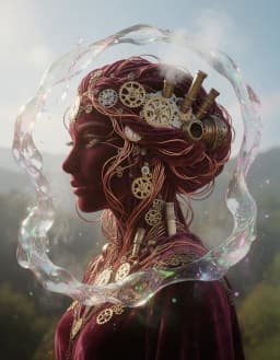 photorealistic sunny dreamy scene of a majestic feminine profile formed from interlocking burgundy velvet threads and glowing copper wires, adorned with intricate clockwork gears, brass filigree and steam vents, encircled by a translucent iridescent slime trail with vaporous sheen and soft neon glow; realistic fabric textures, reflective copper edges catching gentle sunlight, magical atmosphere with subtle pastel highlights, natural lighting that emphasizes depth and detail.